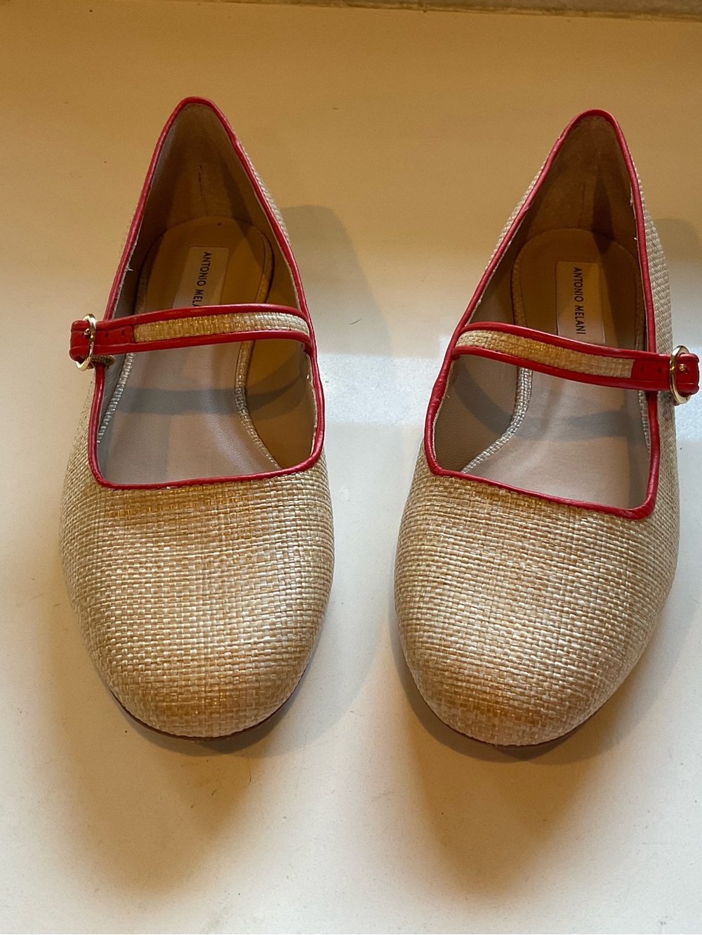 ANTONIO MELANI Natural Straw Mary Jane Flats with Red Trim